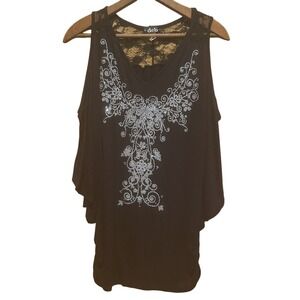 VIntage Deb Tunic Size L Black Off Shoulder‎ Dolman Silver Bead Fairy Whimsigoth